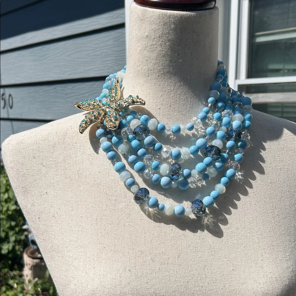 Vintage-Style Aqua Blue Multi-strand Beaded Starfish Necklace